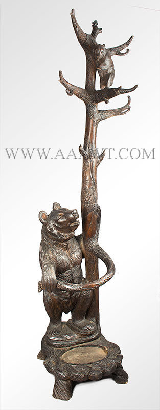 Antique Carved Hall Tree, Umbrella Stand, Mother Bear and Cub, 19th Century, angle view